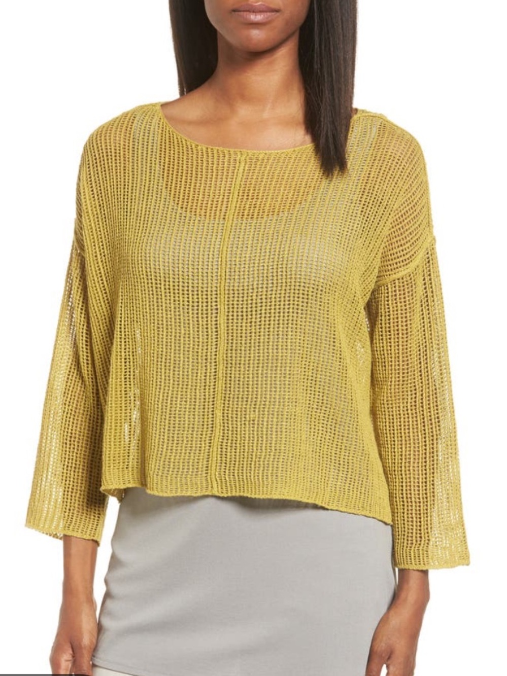 Eileen Fisher Mustard Open-Knit Raglan Boxy Sweater PL